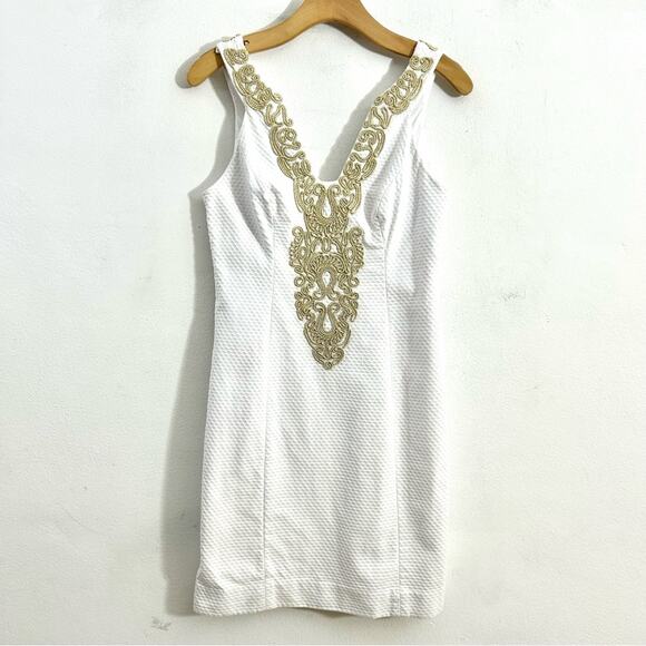 Lilly Pulitzer Suzette Shift Dress White Resort Gold Embroidery Sheath Mini sz 2 - Picture 1 of 14